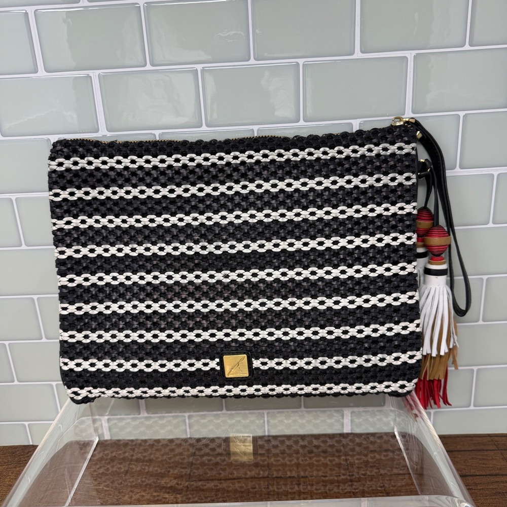 B Brian Atwood Black & White Woven Tassel Clutch - Polyurethane/Leather Trim